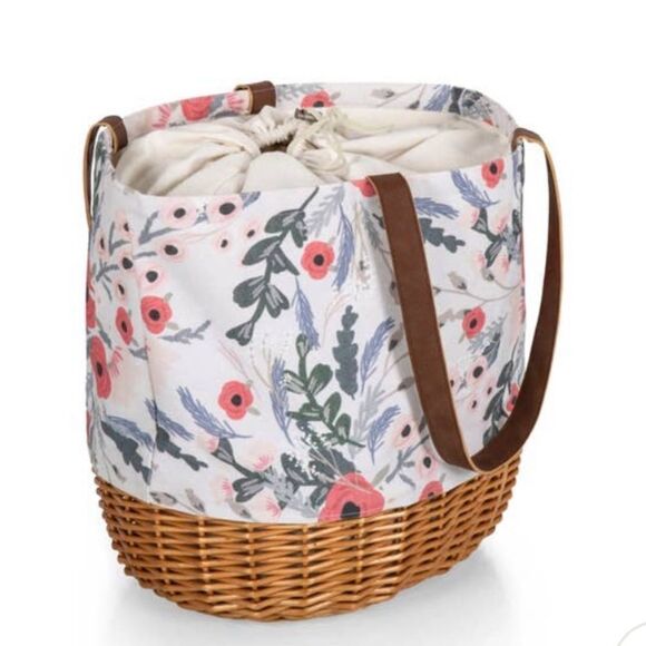 Coronado Canvas and Willow Basket Tote in Floral Pattern and Leather Strap NWOT - Picture 2 of 4